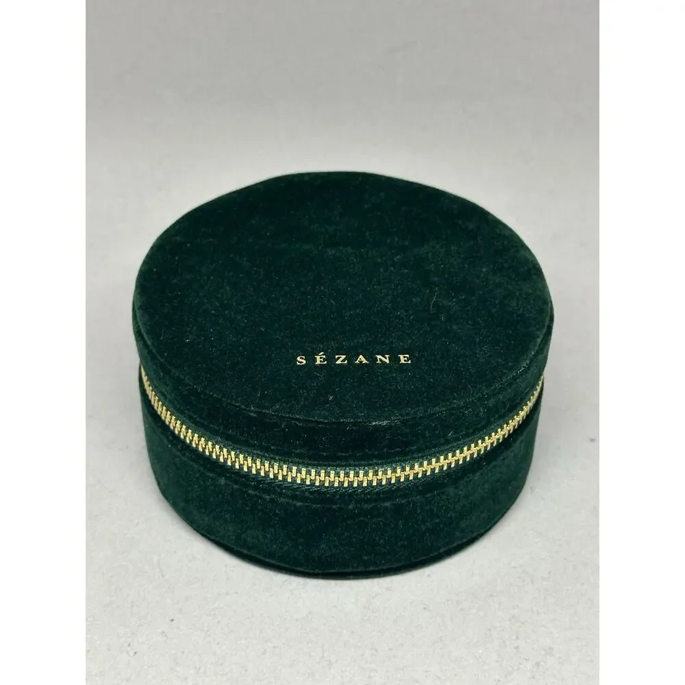Sezane Assessories Zipped Round Jewelry Box Green Velvet Travel Bag Case - Picture 1 of 9